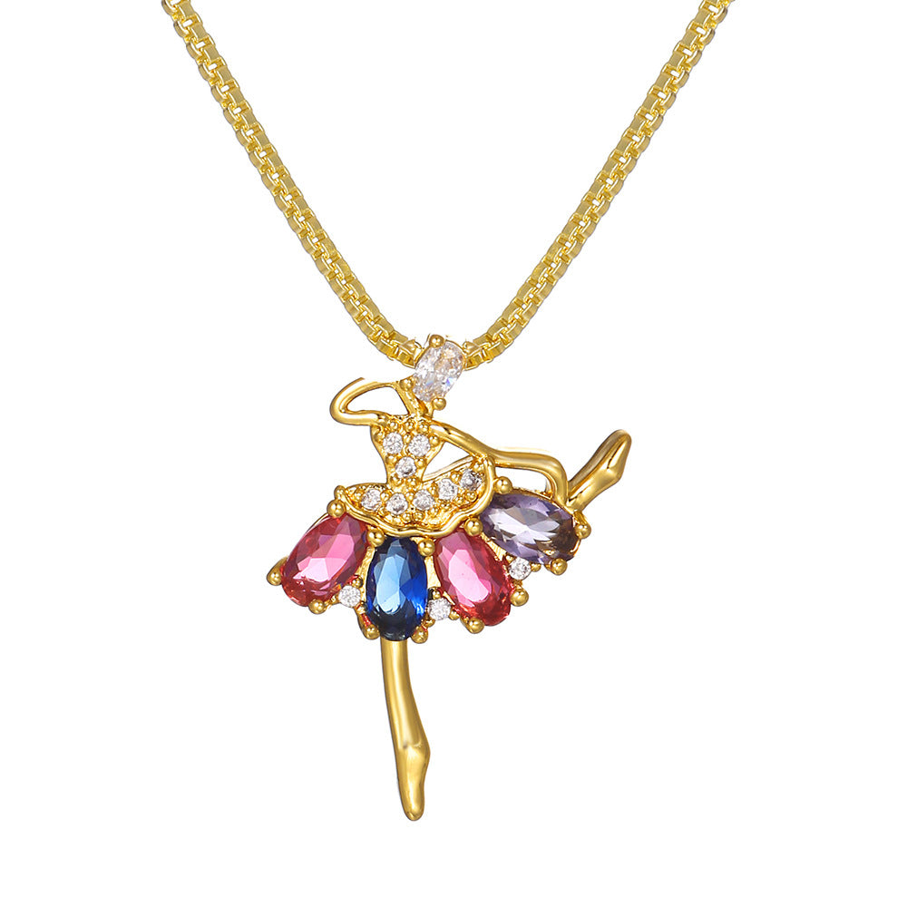 Sweet Geometric Brass Plated Cubic Zirconia Necklace with Box Chain for Women