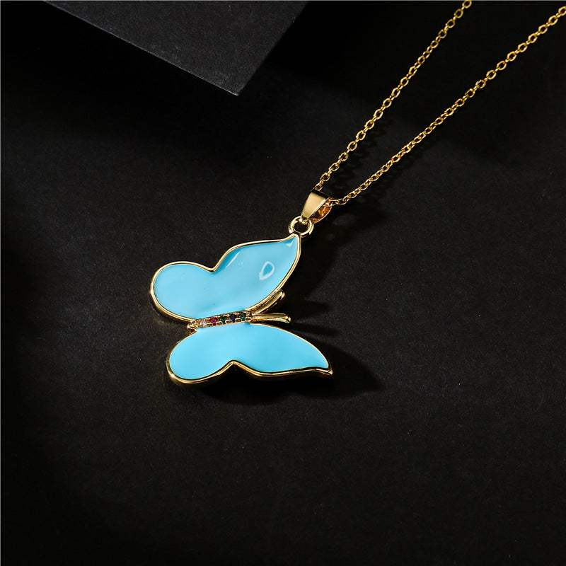 Sweet Solid Color Drip Oil Butterfly 18K Gold Plated Brass Necklace with Cubic Zirconia