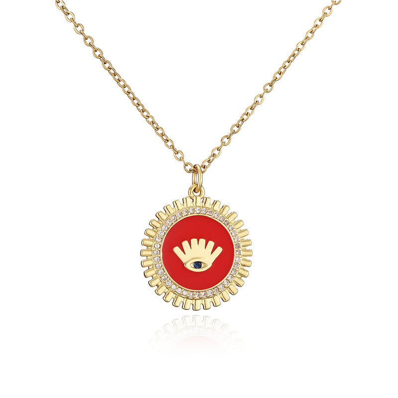 Gold Plated Brass Geometric Eye Pendant Necklace with Black White Red Drip Oil and Cubic Zirconia Inlay for Women