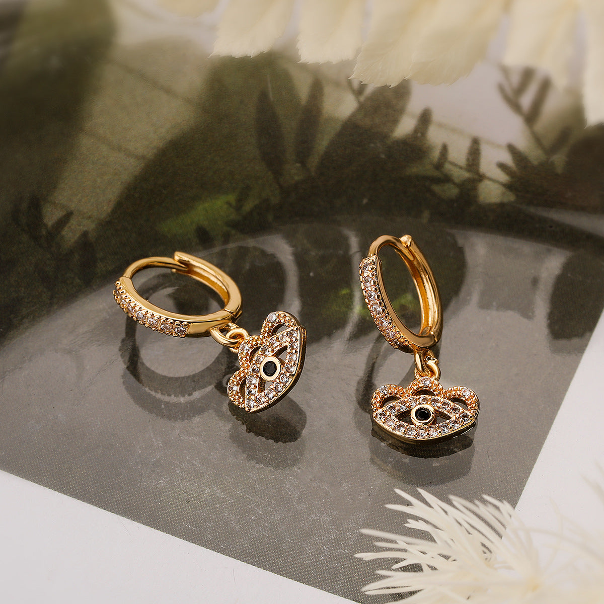 Minimalist Geometric Eye-Shaped Earrings in Brass with Real Gold Plating and Zircon Inlay for Women
