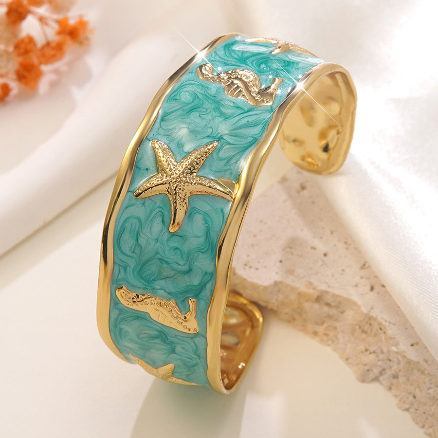 Elegant Drip Oil Stainless Steel Animal Cuff Bracelet with Starfish and Seahorse Design