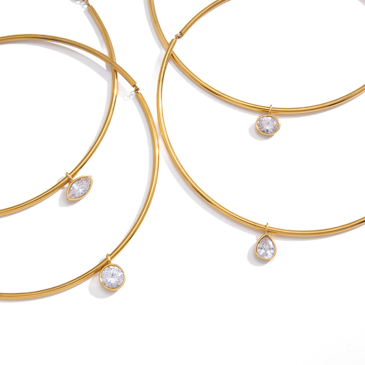 Minimalist Geometric Round Stainless Steel PVD Cubic Zirconia Pendant Necklace for Women
