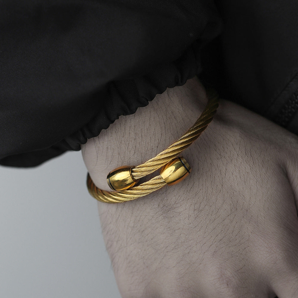 Hip-hop Punk Round Geometric Drip Oil Plated Titanium Steel Adjustable Open Cuff Bracelet for Men