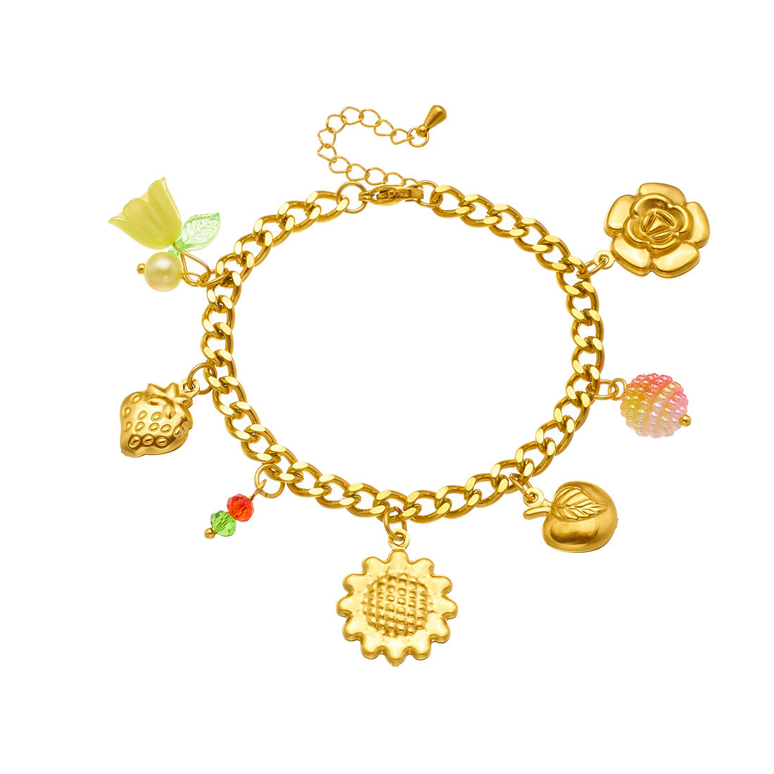 Gold Plated Stainless Steel Sunflower and Lily of the Valley Floral Pendant Necklace and Bracelet Set for Women