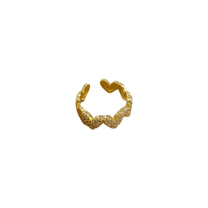 Anillo minimalista de corazón abierto para mujer en latón con baño de oro, anillo de lujo ligero con delicado detalle incrustado