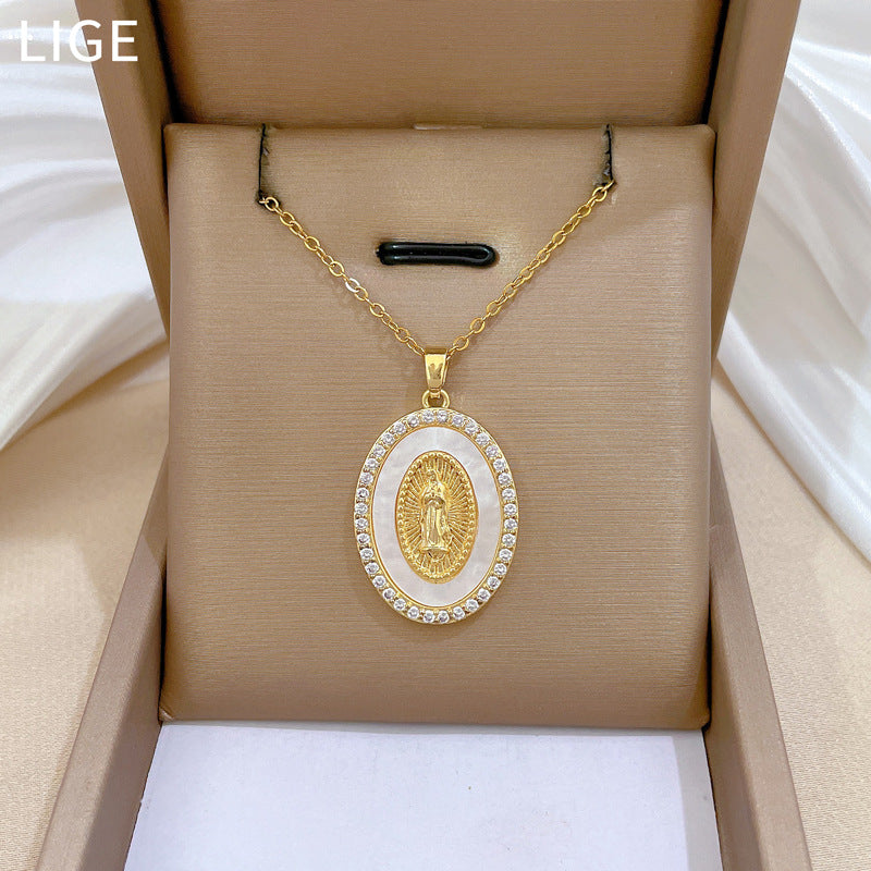 Cartoon Style Shell-Shaped Pendant Necklace for Women and Men in Titanium Steel with Full Rhinestone Inlay and Delicate Locket Chain