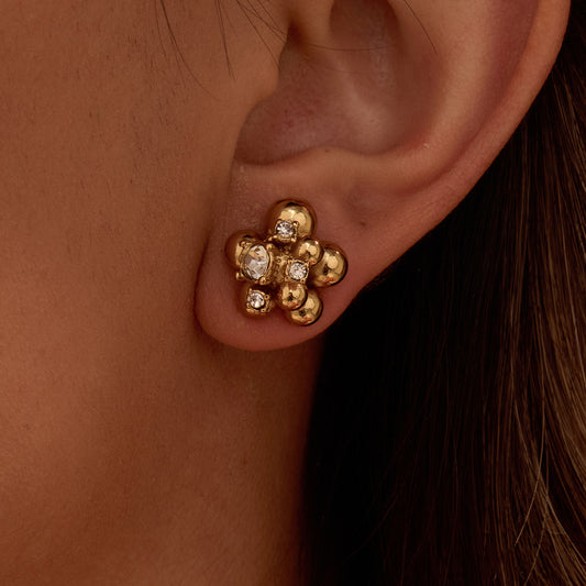 Minimalist Floral Stainless Steel Stud Earrings with Zircon Beads and Geometric Accents
