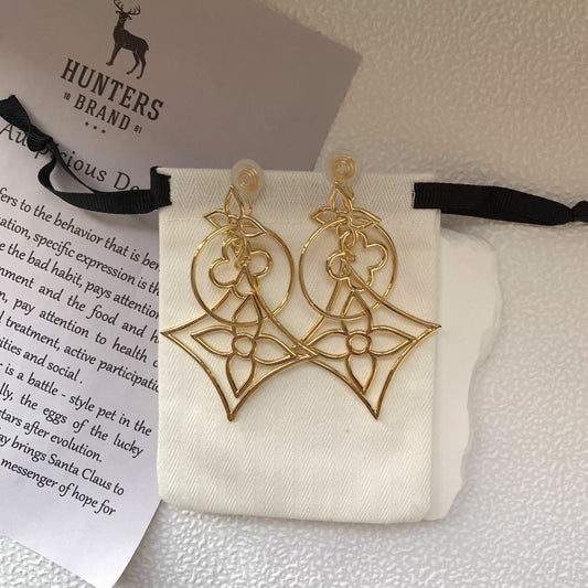 18K Gold Plated 925 Sterling Silver Hollow Floral and Geometric Rhombus Dangle Earrings for Women with Minimalist and Edgy Aesthetic