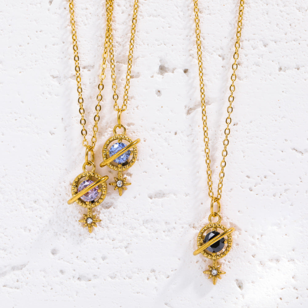 Collana Pendente Stella Saturno Geometrico Vintage, Acciaio Inossidabile Placcato Oro 18K con Intarsio di Strass, Gioielli da Donna