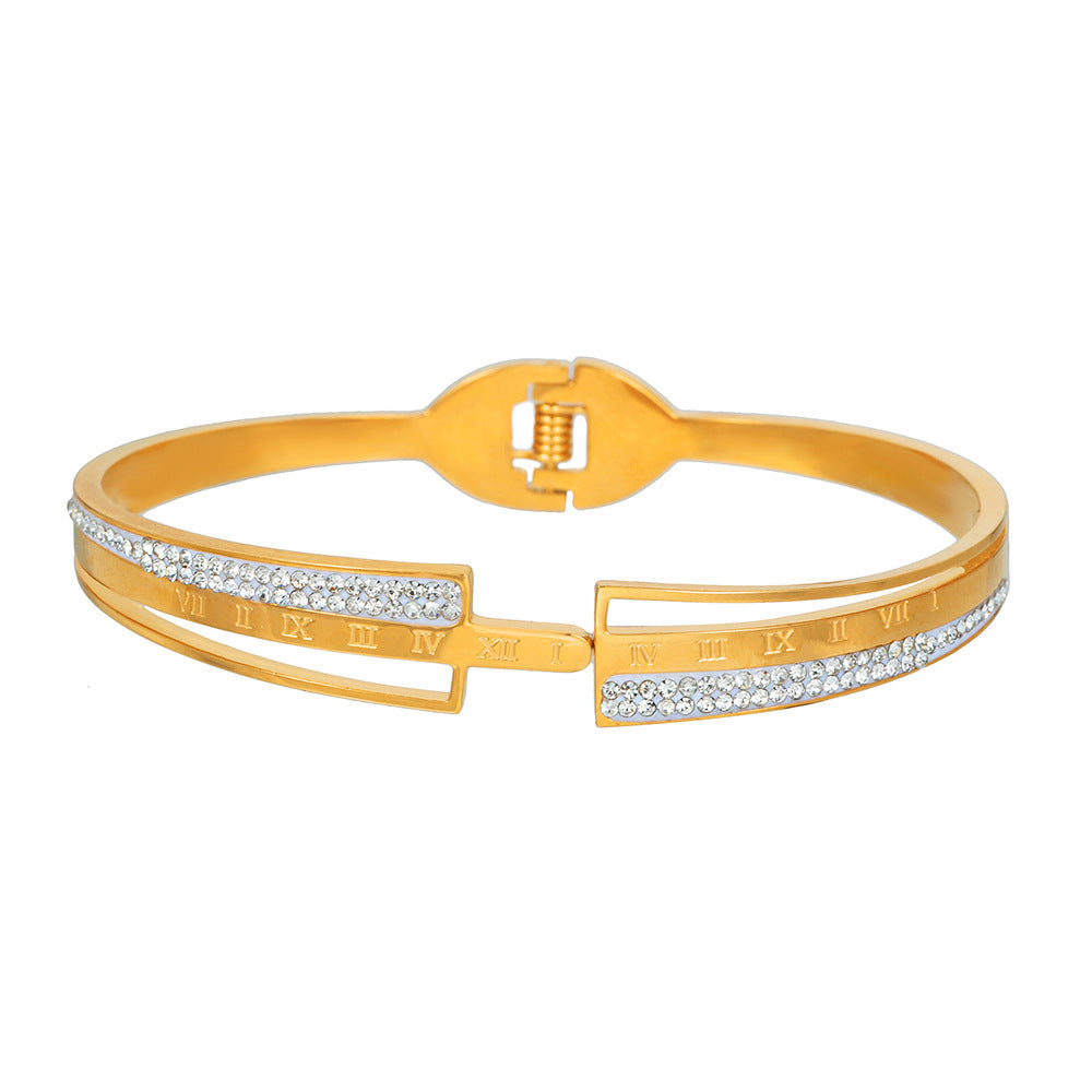 Minimalist Titanium Steel Rhinestone Inlay Geometric Round Letter Number Hollow Spring Cuff Bracelet