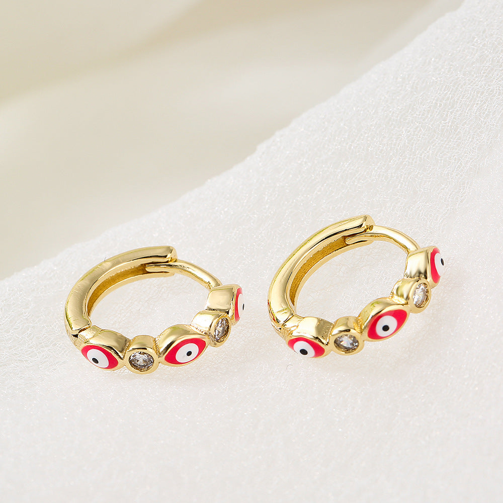 Orecchini a Cerchio Geometrici Minimalisti in Rame con Placcatura in Oro 18K e Design a Occhio di Allah in Zirconia Smaltata per Donna