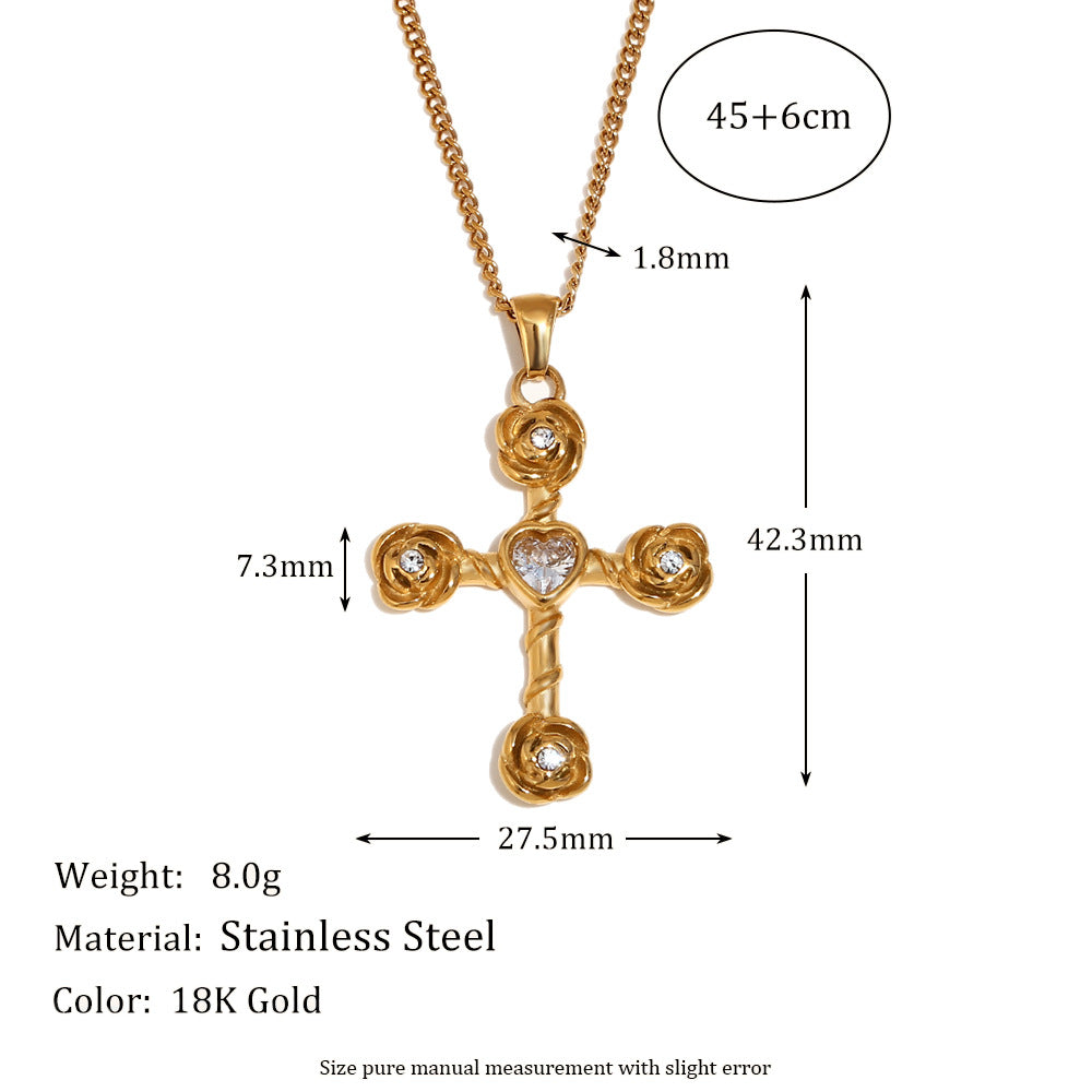 Collana con Pendente a Croce da Donna Stile Vintage in Acciaio Inossidabile con Placcatura in Oro 18K e Strass Bianchi