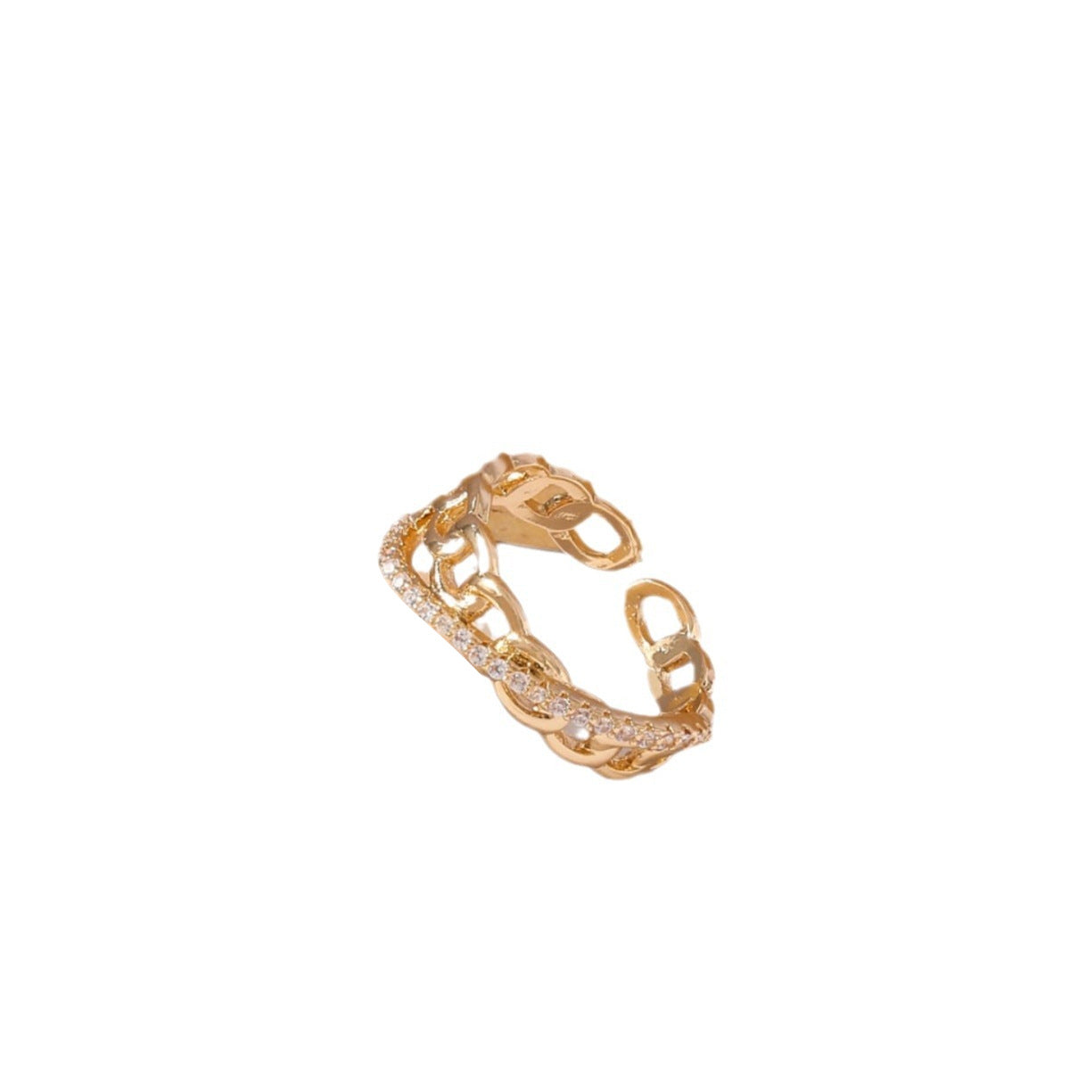 Anillo abierto ajustable con diseño geométrico en forma de U de estilo OL a la moda para mujer con incrustaciones de circonio en cobre