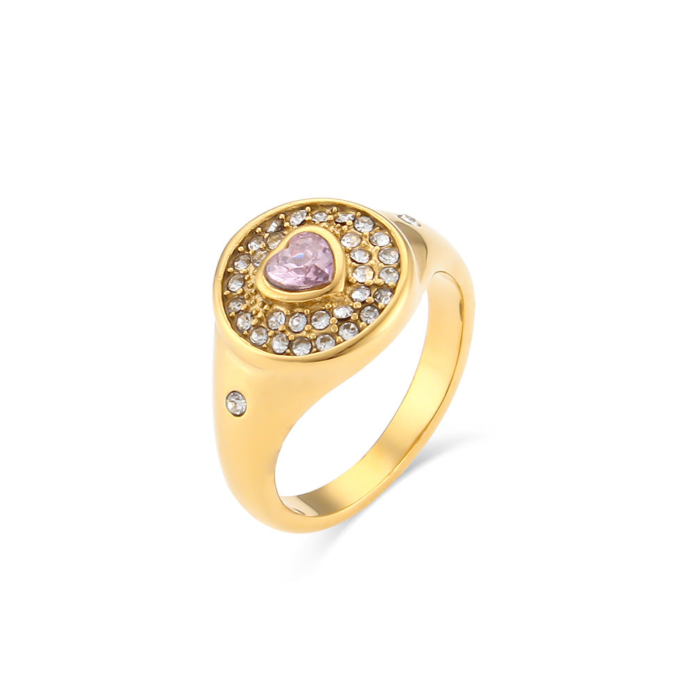 Vintage Minimalist Geometric Stainless Steel Plated 18K Gold Heart-Shaped Zircon Ring for Women