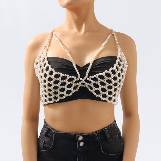 Handmade Geometric Pearl Body Chain for Women with Hollow-Out Design and Boho-Inspired Detailing