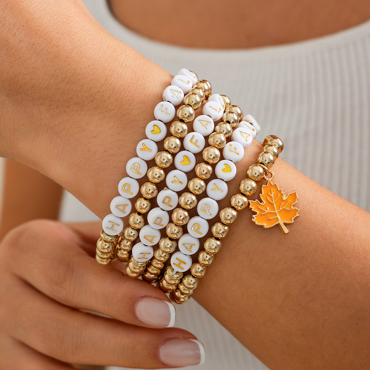 Creative Handmade Plated Resin Leaf Charm Bracelet Set for Women