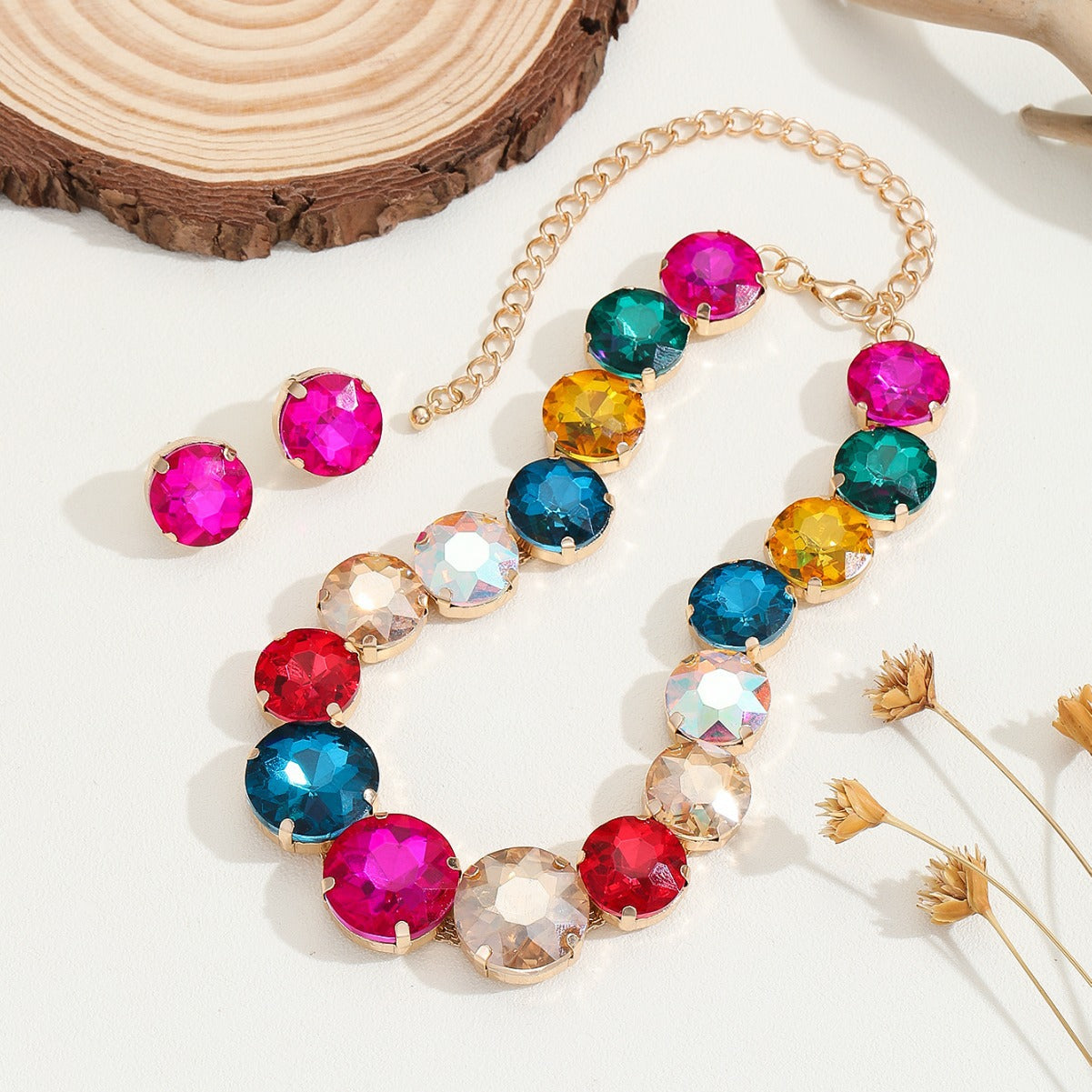 Juego de collar largo y pendientes con incrustaciones de cristal, estilo Hip Hop minimalista para mujer, con elementos geométricos redondos, ovalados y circulares