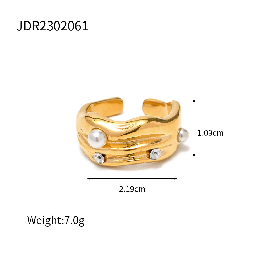 Anillo Abierto con Forma de C Geométrica de Moda con Incrustaciones de Perlas, Joyería de Acero Inoxidable con Baño de Oro de 18K para Mujer