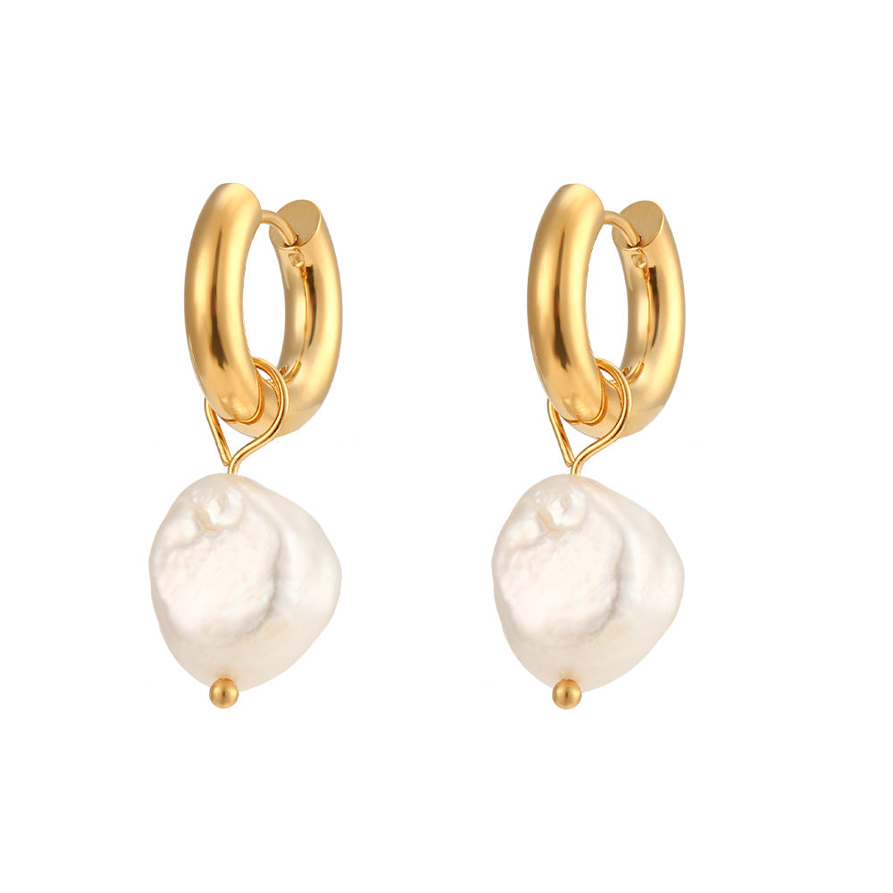 Minimalist Geometric Stainless Steel Earrings with 18K Gold Plating and Freshwater Pearl Accents