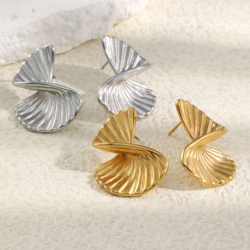 Minimalist Geometric Stainless Steel 18K Plated Twisted Fan-Shaped Earrings for Women