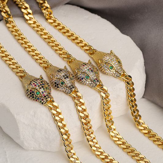 Fashionable Leopard-Shaped Geometric Copper Bracelet with Real Gold Plating and Zircon Accents for Women