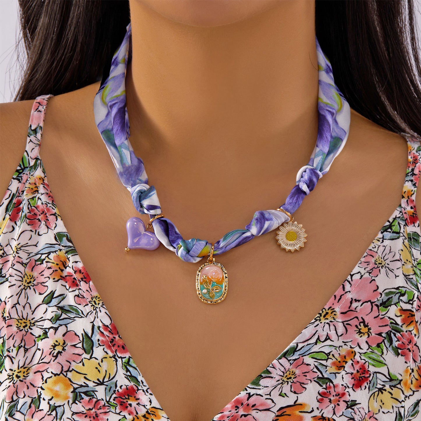 Sweet Colorful Braided Alloy Fruit Floral Pendant Ribbon Necklace for Women