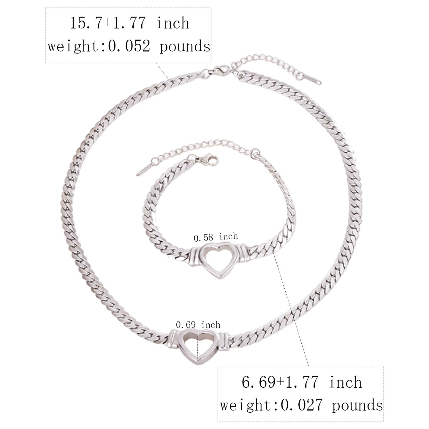 Set collana e bracciale a catena a maglie forate a cuore, minimalistici ed eleganti, in acciaio inossidabile e titanio, placcati, per donna