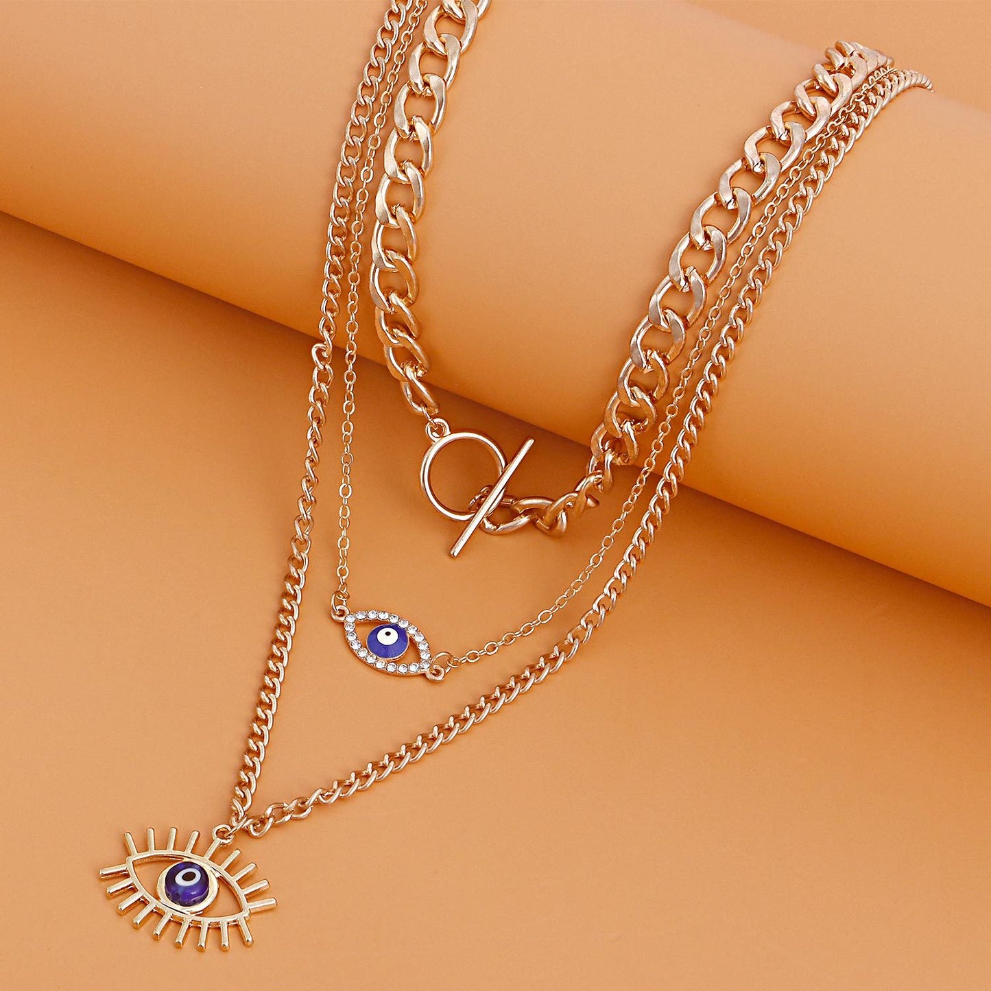 Geometric Blue Evil Eye Pendant Necklace for Women with Alloy Body and Rhinestone Inlay, Plated Finish, Clavicle Chain