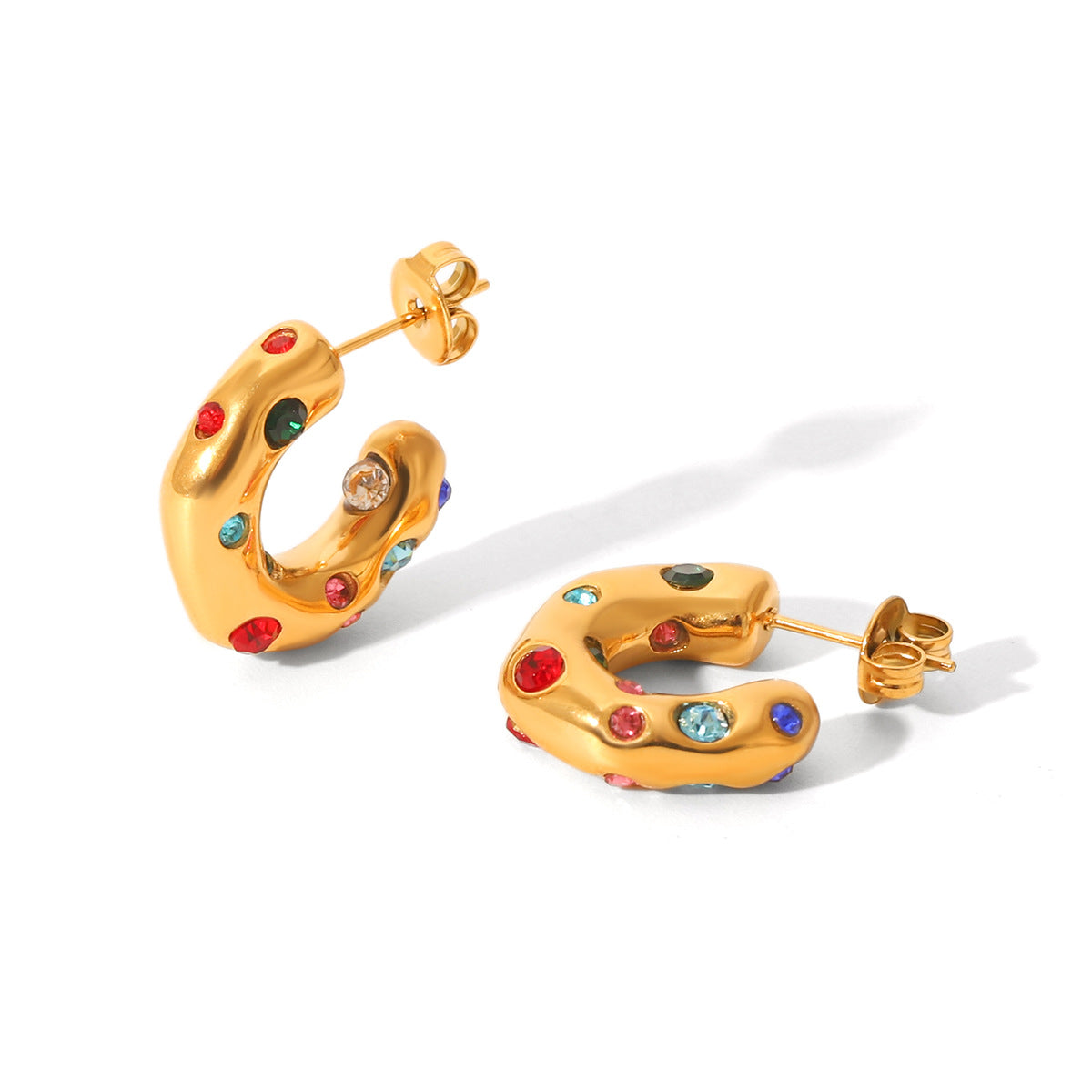 Ins Style Geometric C-Shaped 18K Gold Plated Stainless Steel Stud Earrings with Zircon for Women