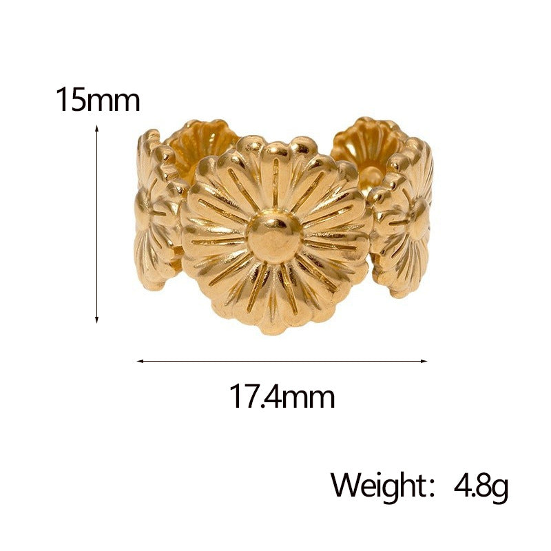 Anello aperto minimalista da donna in acciaio inossidabile placcato oro 18 carati con margherita