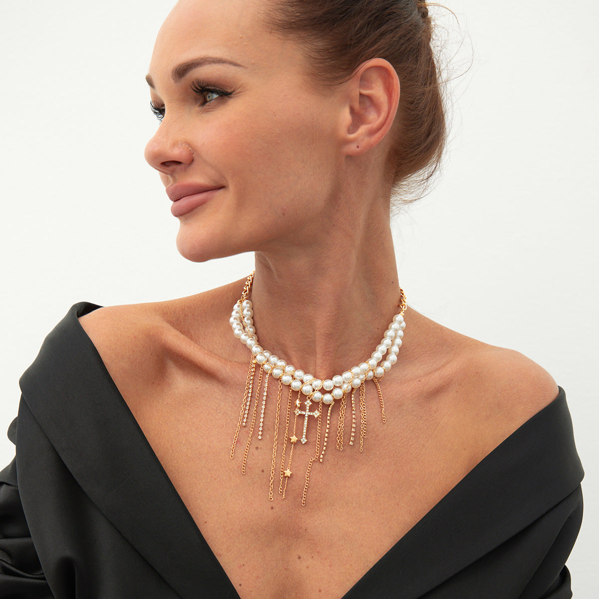 Minimalist Cross Pendant Clavicle Necklace for Women with Imitation Pearl Accents and Crystal Tassels on Electroplated Alloy Chain