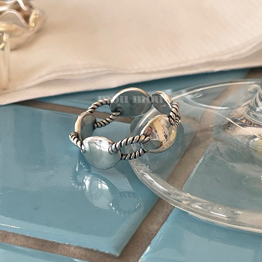 Vintage Minimalist Asymmetrical Double-Layer Ring in 925 Sterling Silver for Women