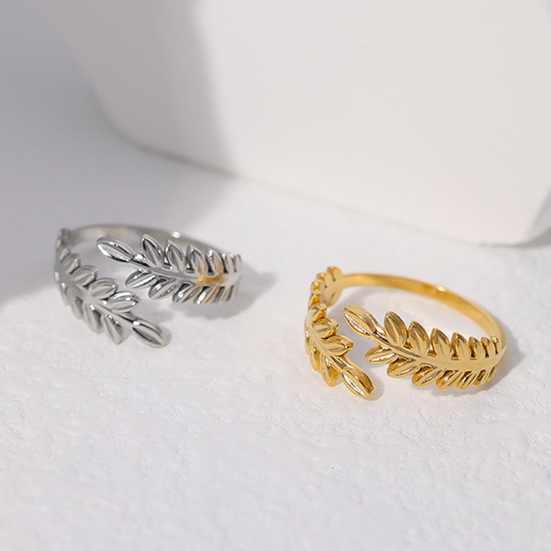 Minimalist Titanium Steel Leaf and Heart Shape Open Ring for Women with Plated Finish