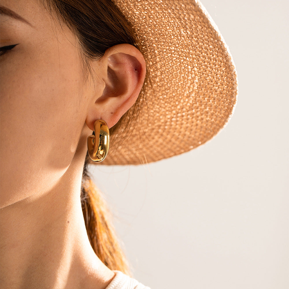 Ins Style Geometric Circle Shape 18K Gold Plated Stainless Steel Hollow Thick C-Shaped Stud Earrings for Women
