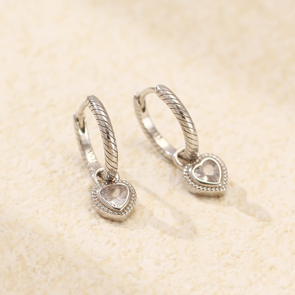 Luxury Elegant Heart Striped Rhinestone Plated 925 Sterling Silver Hoop Earrings for Women