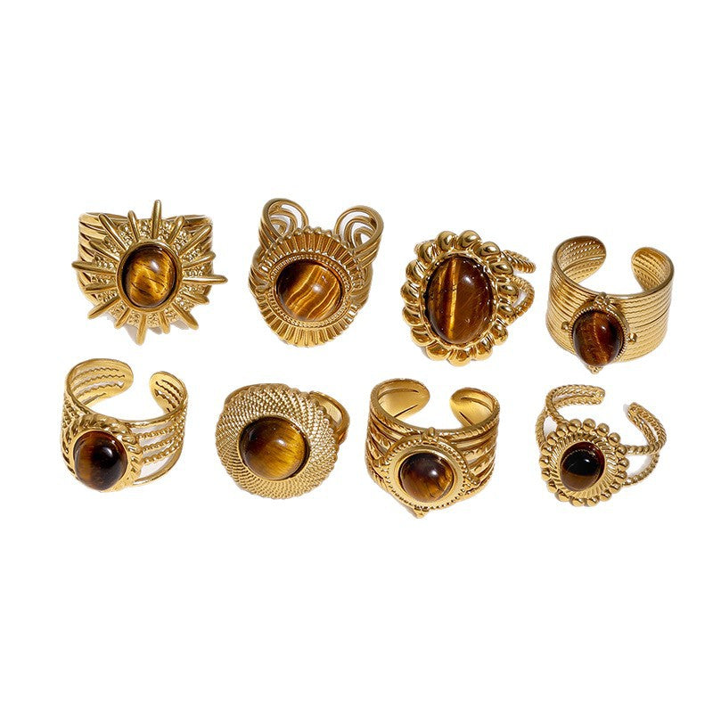 Vintage 18K Gold Plated Titanium Steel Open Ring with Tiger's Eye Inlay Round Oval Crown Design
