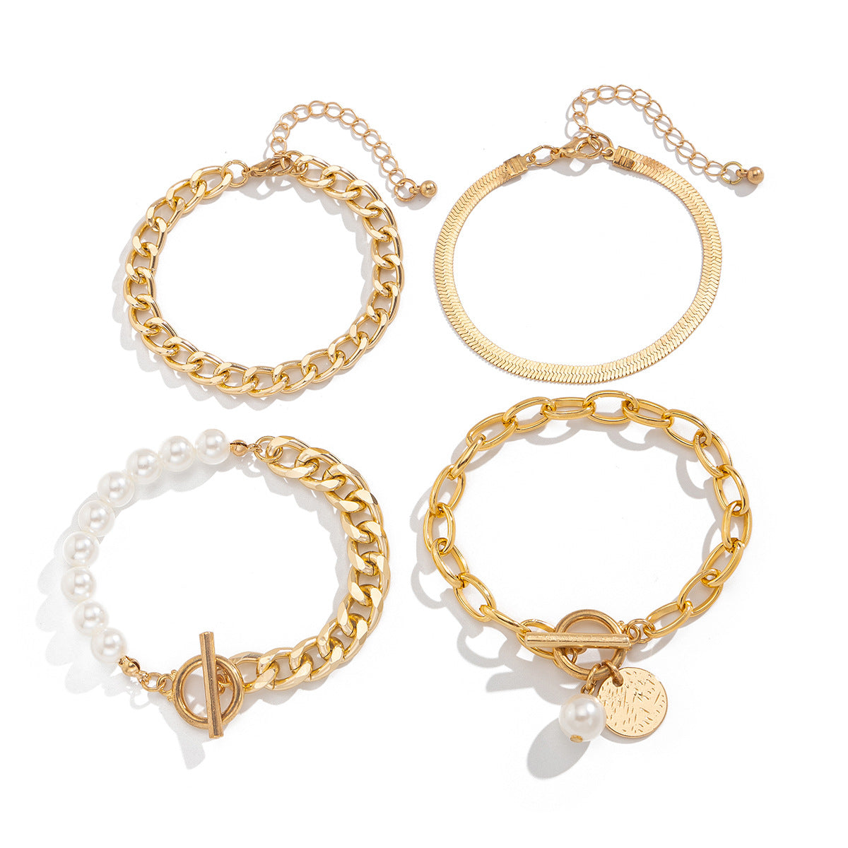 Minimalist Style Pearl-Style Beaded Portrait Pendant Bracelet with Heart and Star Charms, Plated Finish