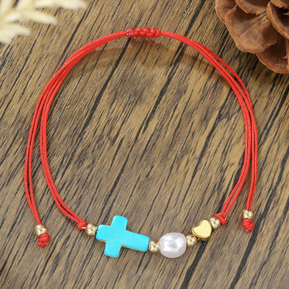 Minimalist Bohemian Cross Heart Geometric Handmade Crystal Pearl Beaded Bracelet