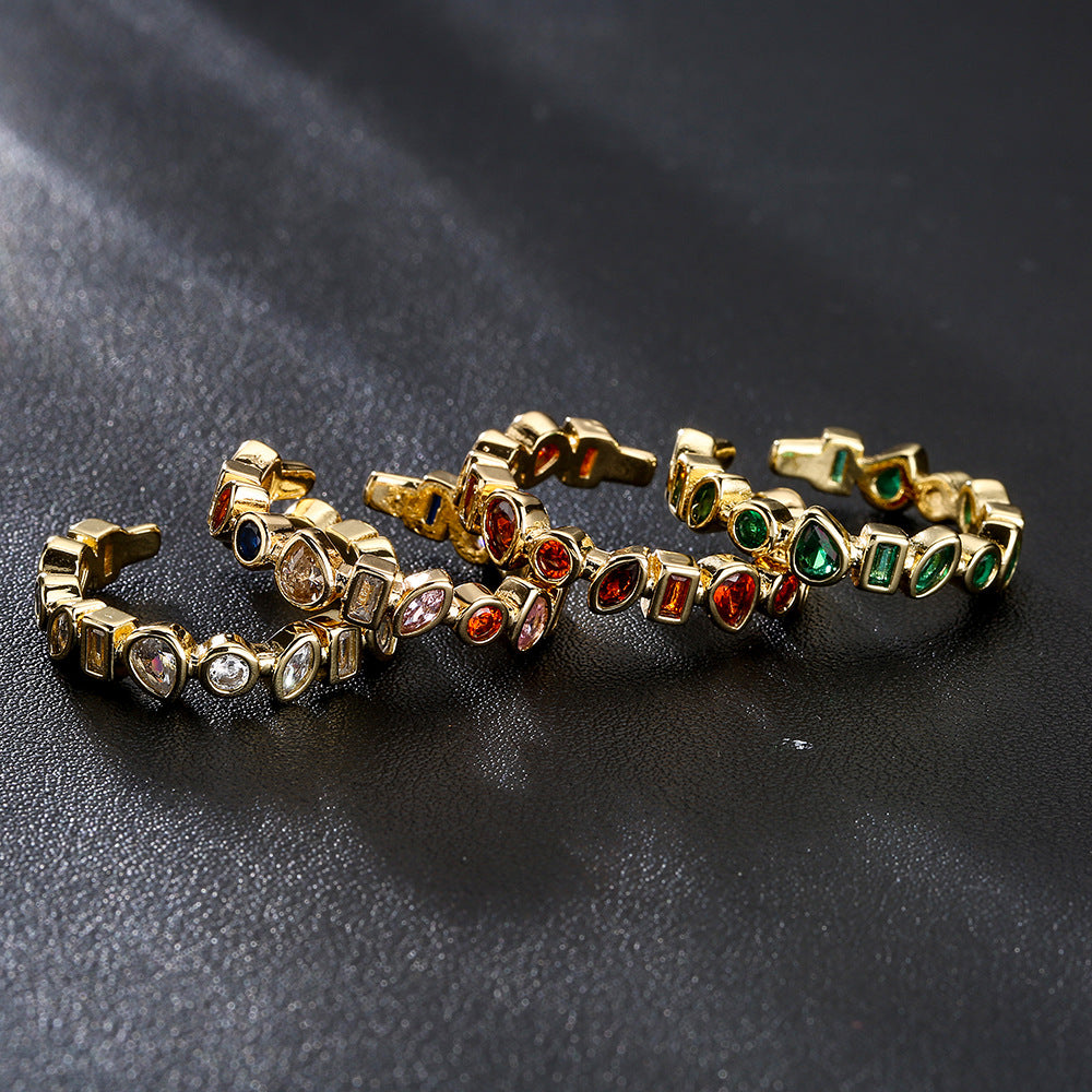 Minimalist Irregular Geometric Open Ring for Women in Copper with 18K Gold Plating and Zircon Inlay