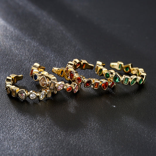 Anello aperto geometrico irregolare minimalista da donna in rame con placcatura in oro 18K e intarsio di zirconi