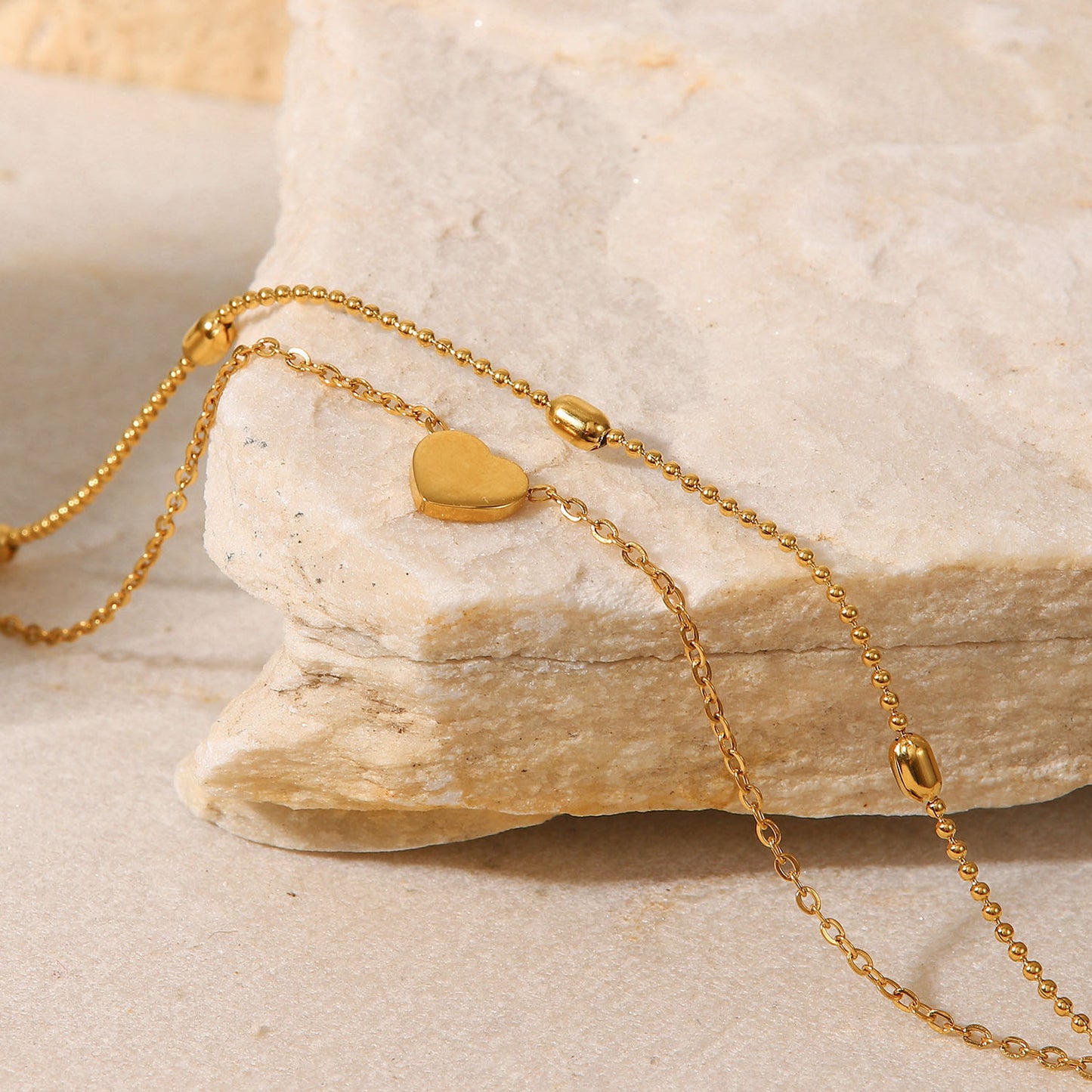 Minimalist Titanium Steel Anklet with 18K Gold Heart Pendant and Oval Beads Dual-Layer Women's Anklet Jewelry