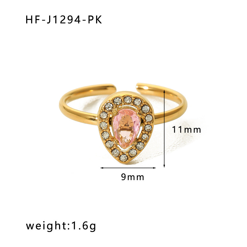 Vintage Stainless Steel Heart-Shaped Geometric Ring with Zircon Inlay and 18K Vacuum Plating for Women