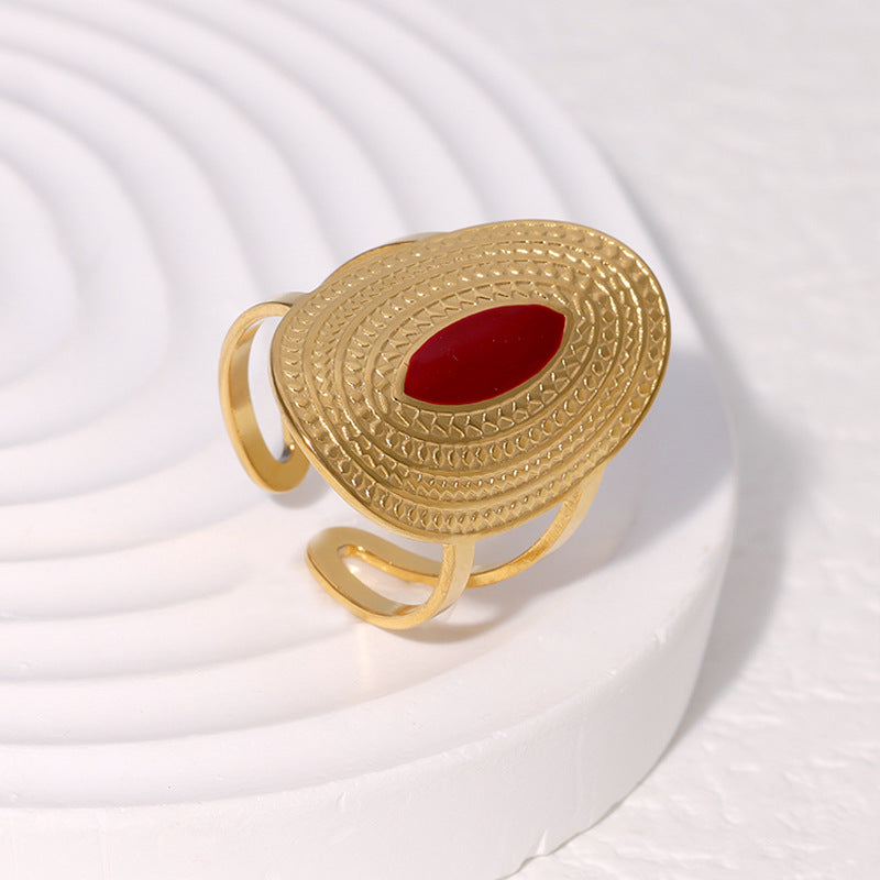 Vintage Oversized Wide Index Finger Ring in Geometric Shape with 18K Gold Plating and Enamel Finish on Stainless Steel