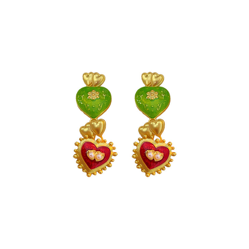 Pendientes colgantes con diseño floral y de corazón de estilo vintage con acabado esmaltado en aleación para mujer