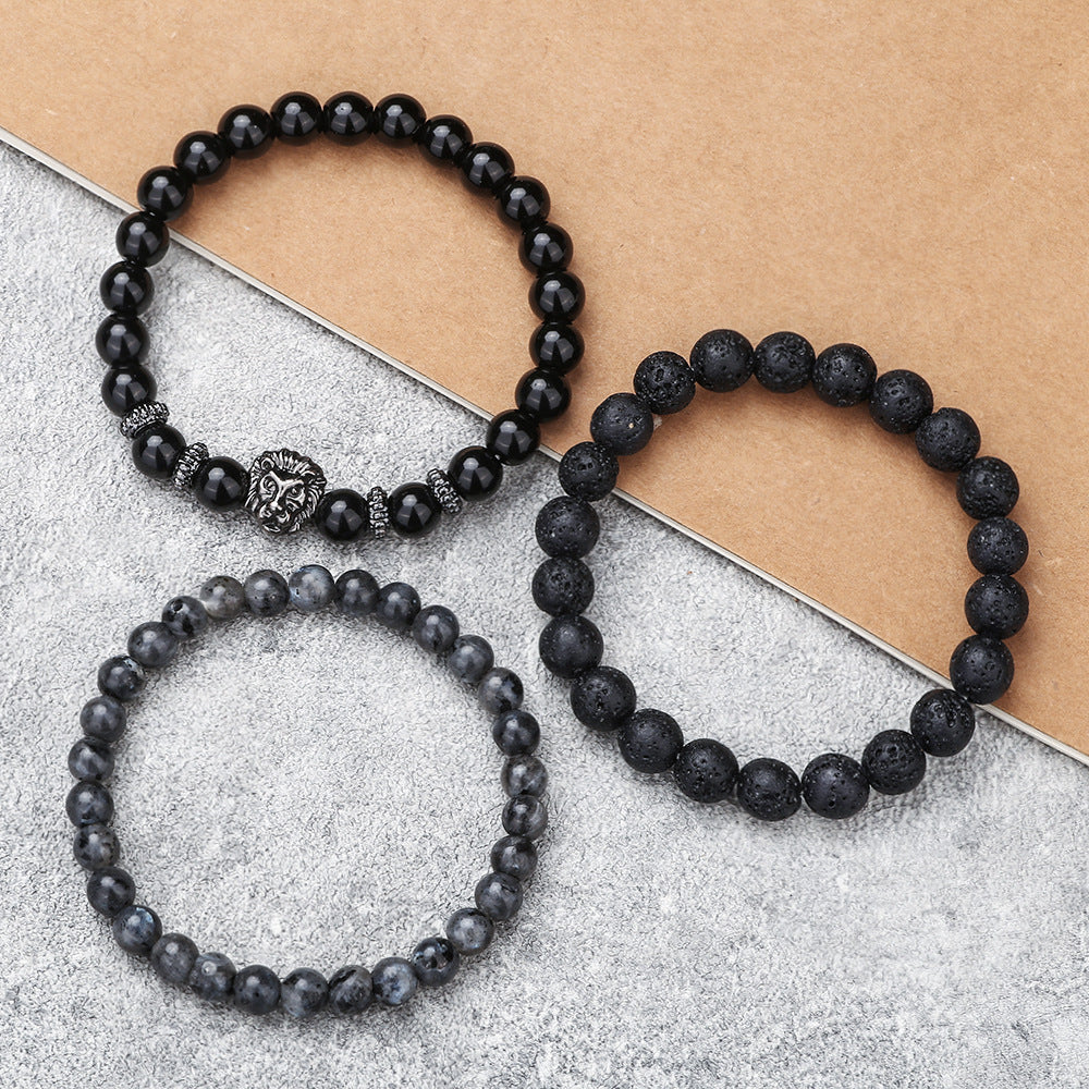 Casual Matte Geometric Round Volcanic Stone and Alloy Beaded Bracelet Set with Lion Head Charm