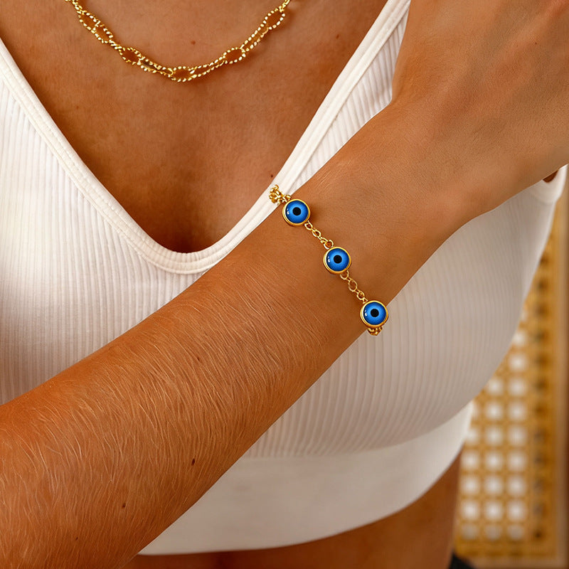 Vintage Luxury Round Geometric Gold Plated Titanium Steel Blue Evil Eye Bracelet for Women