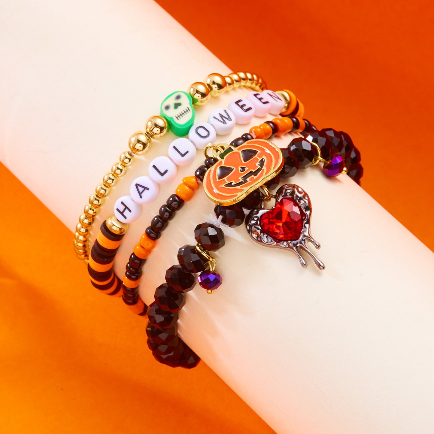 Cartoon Halloween Themed Handmade Alloy Bracelet with Pumpkin and Skull Charms for Women Geometric Letter Design