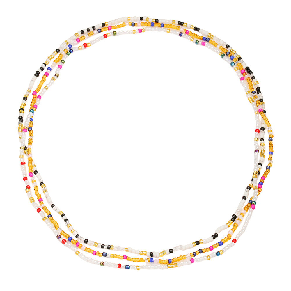 Bohemian Ethnic Geometric Seed Beads Waist Chain with White Crystal Inlay Double Layer Elastic