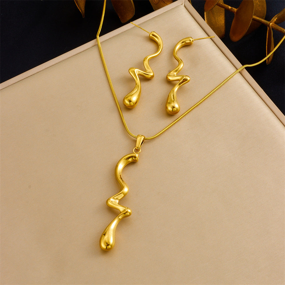 Vintage Gold Plated Heart Teardrop Stainless Steel Necklace and Earring Set with Turquoise and Pearl on Snake Chain for Women