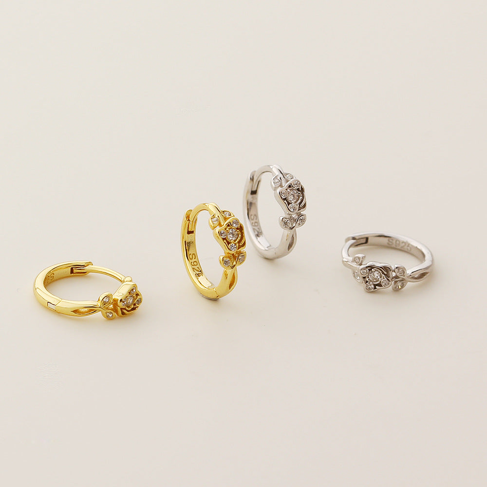 Pendientes Retro Florales con Forma de Rosa de Plata de Ley S925 con Incrustaciones de Diamantes de Imitación para Mujer